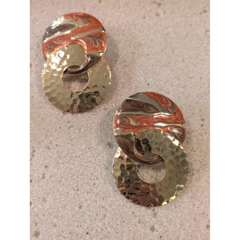 Gold Tone Dangle Earrings Abstract Hammered Circles Orange Enamel Bold Studs